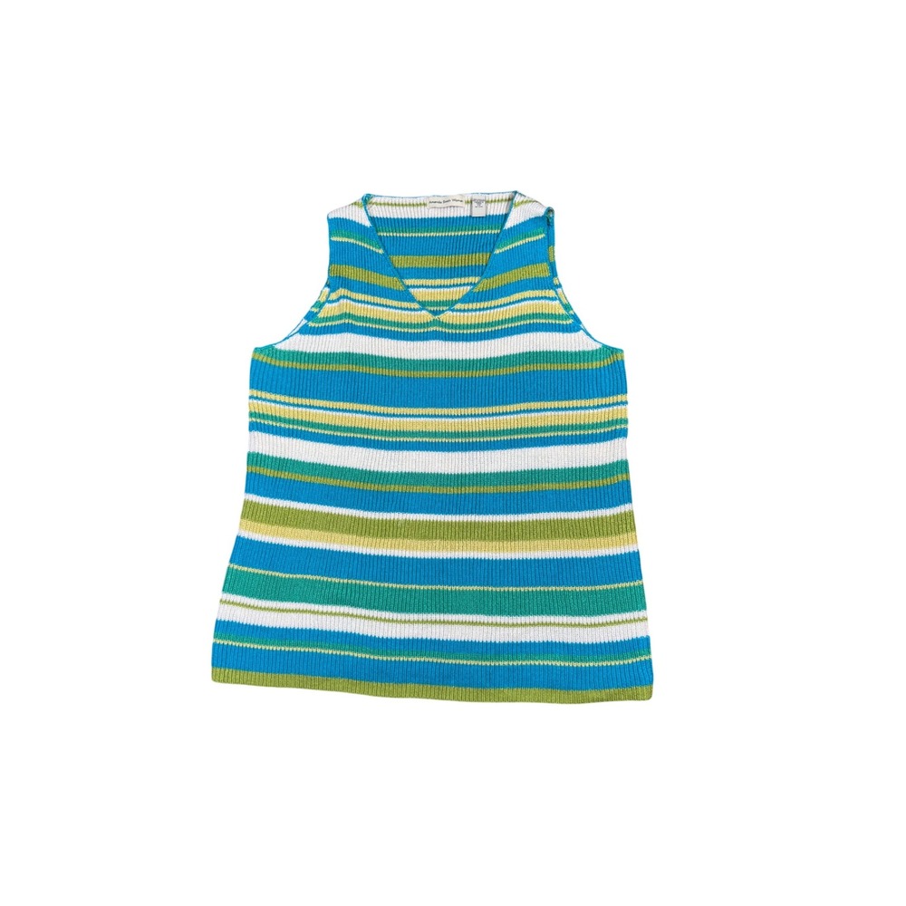 Amanda‎ Smith Striped Knit Tank Top Blue Green Yellow White V Neck Sleeveless